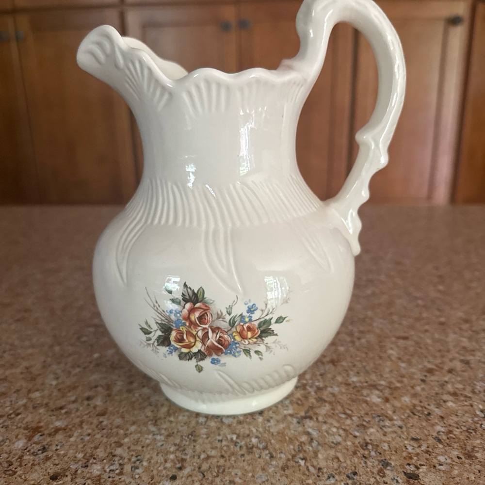 Vintage Penn Dutch Ivory Water Pitcher Ceramic Hand Painted Floral Design